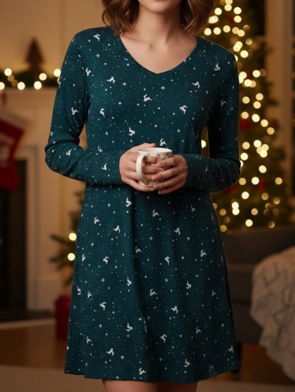 NWT Charter Club Star & Reindeer V-Neck Sleep Dress Womens M Teal Cozy Comfy